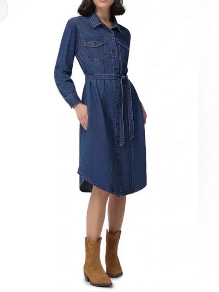 #582 Frye Blue Denim Button-Front Shirt Dress With Waist Tie